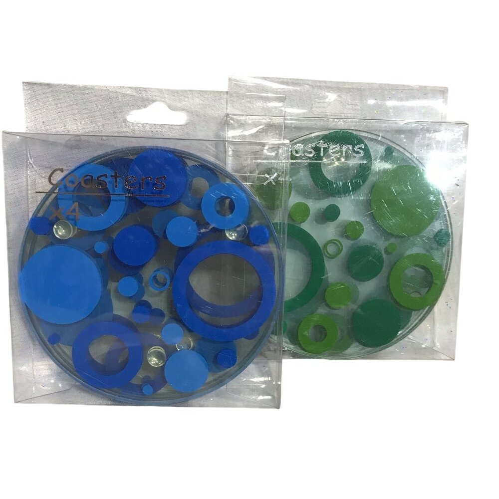 Glass Coasters 4 Blue & 4 Green Dot Design 3 3/4 Inch Set of 8 New